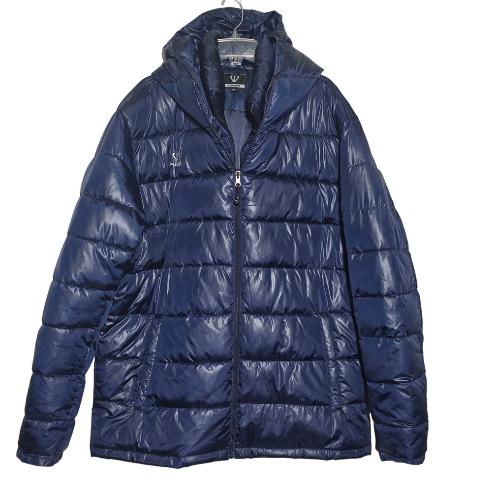 Fuerza Mens Down Navy Blue Puffer Jacket Hooded Quilted Full Zip Coat Size L